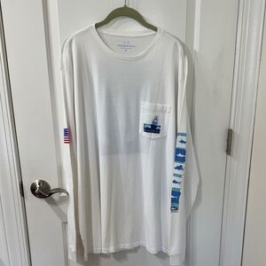 Vineyard Vines White Long Sleeve Tee with Blue and Red Details